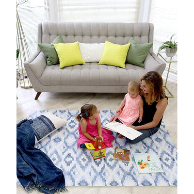 Woman with Two Children Sitting on Jackson Rug Blue Play Mat in Living Room